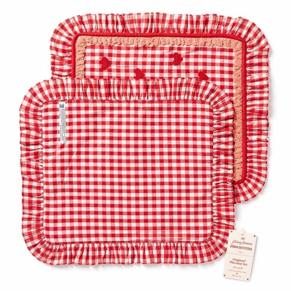 For Love & Lemons UO Gingham Ruffle Placemats Set Red Cottagecore Farmhouse NWT